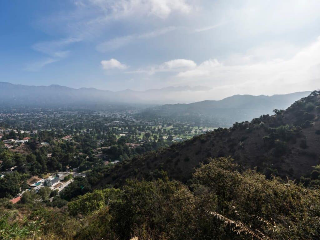 Hilltop view of Montrose and La Canada Flintridge with misty morning clouds in Los Angeles County California