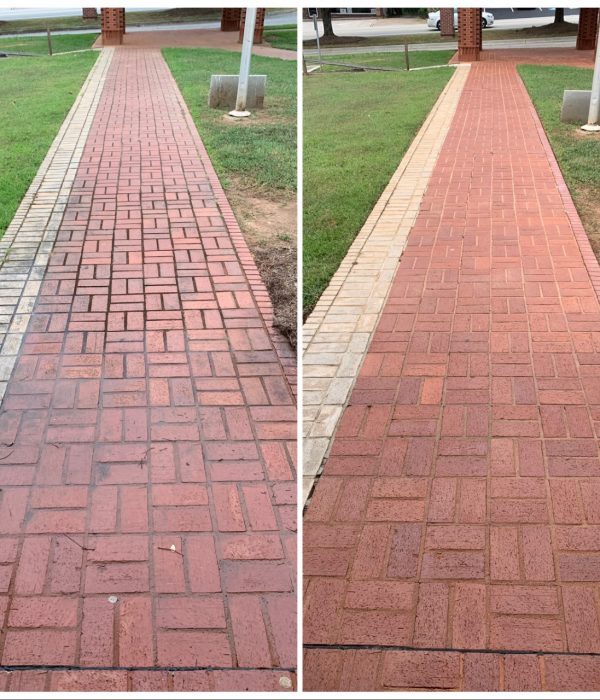 Side by side images of a walkway before and after paver sealing